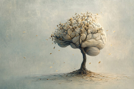 AI generated surreal brain shaped tree branching limbs falling leaves soft neutral background symbolizing mind growth knowledge memory creativity nature