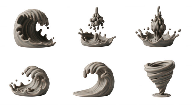 stylized grey water elements waves splashes and a tornado against a clean white backdrop design assets