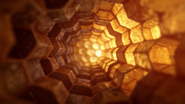 Camera moving deep inside a glowing honeycomb structure