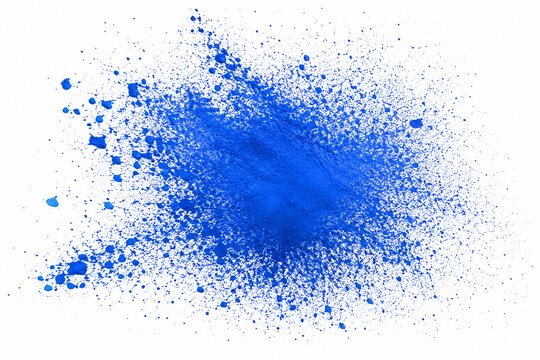 AI generated vivid blue pigment powder bursting across clean white background scattered particles fine dust creating an energetic abstract splash colorful texture