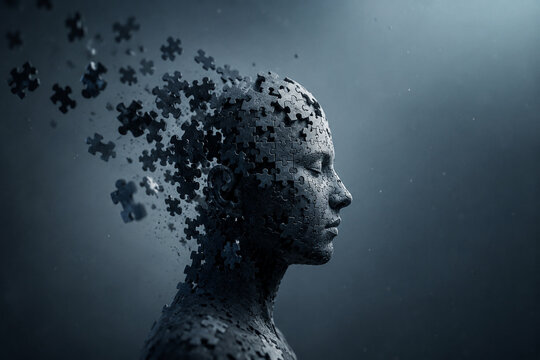 AI generated human profile made of dark puzzle pieces dissolving into fragments representing memory loss identity confusion mental complexity transformation fragmented thinking