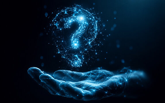 AI generated glowing digital question mark floating above an open human hand representing uncertainty curiosity problem solving knowledge technology decision future possibilities