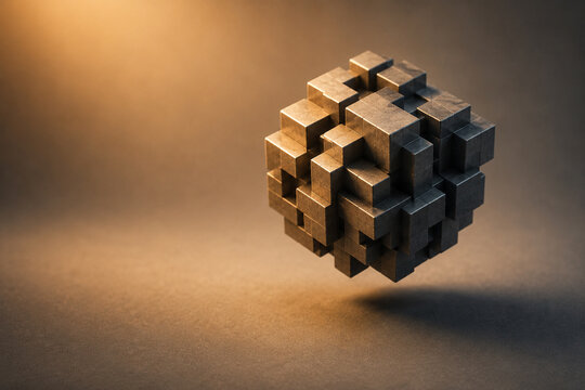 AI generated floating geometric cube structure interlocking dark blocks warm illumination representing complexity modular design technology innovation construction abstract systems