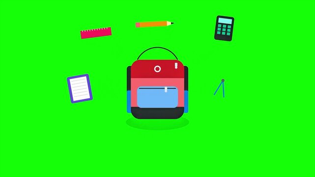 Animated School Bag and Supplies Education Concept Loop on Green Screen