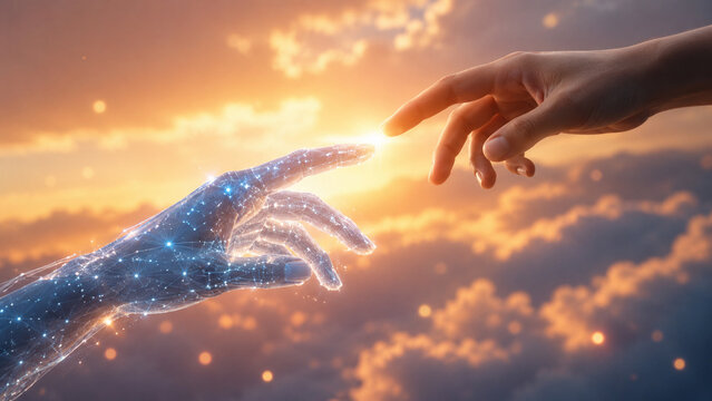 AI generated human digital hands reaching toward each other glowing fingertips representing artificial intelligence connection innovation collaboration future technology