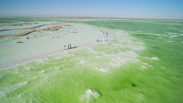 Aerial View of Emerald Water and White Salt Flat in Qarhan Salt Lake: Pure Mineral Lake, Salt Crystals and Sunlight in Qinghai