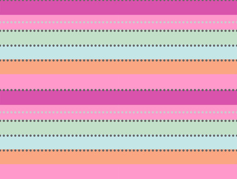 Playful horizontal stripe pattern featuring alternating pastel-colored bands in soft pink, magenta, mint green, pale blue, and peach. Each stripe is accented with rows of evenly spaced small circular