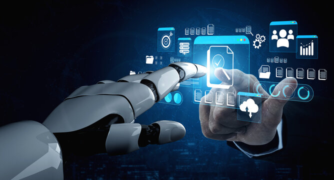 Futuristic robotic hand interacting with digital interface displaying data, icons, and graphs in a modern technology-driven environment. Glyphic.