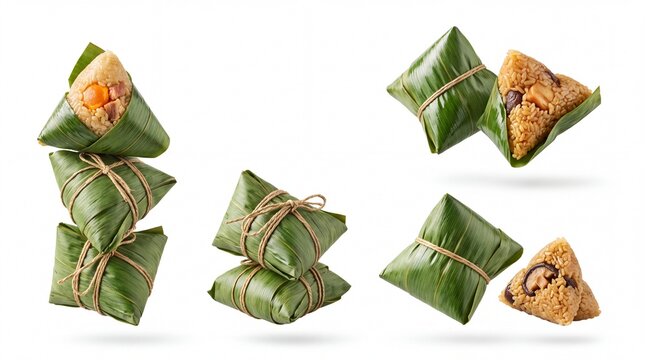 Traditional zongzi rice dumplings wrapped in bamboo leaves