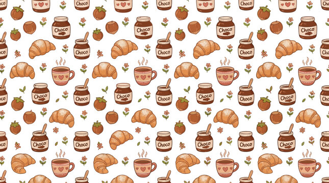 Cute Breakfast Pattern with Croissants and Chocolate