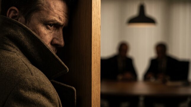 A man in a trench coat peeking around a doorframe, observing two blurred figures in a dimly lit meeting room, suggesting espionage or surveillance.