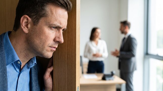 A man with a concerned expression peeks from behind a wall, eavesdropping on a conversation between two colleagues in a blurred office background.