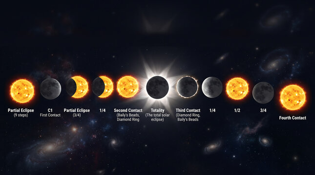 Solar eclipse phases diagram from partial eclipse to totality with labeled stages