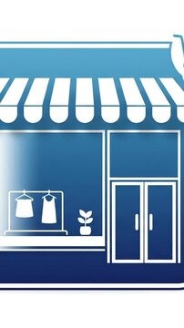 A blue store icon with a striped awning