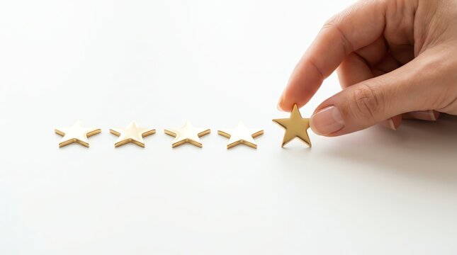 Hand placing fifth gold star for five-star rating and customer feedback excellence on white background