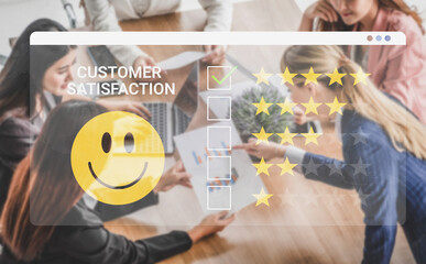 Team members strategize on enhancing customer satisfaction, using visual feedback and collaboration in a modern office setting to improve service quality and engagement. Cyphers © InfiniteFlow