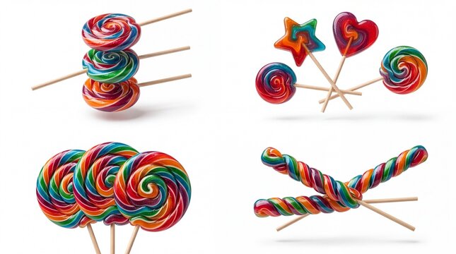 Colorful rainbow swirl lollipops and candy set