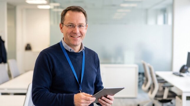 Mature professional businessman wearing glasses holding digital tablet in bright modern office for corporate leadership and workplace technology communication