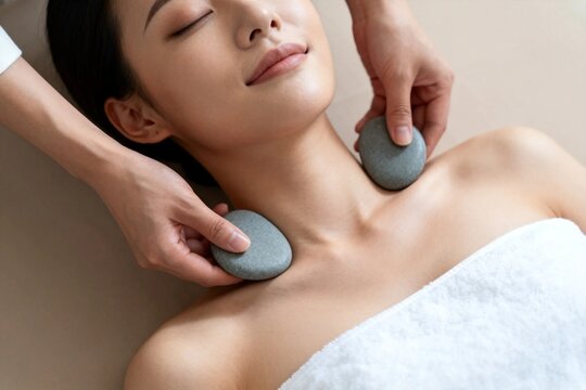 Woman Receiving Hot Stone Massage at Spa
