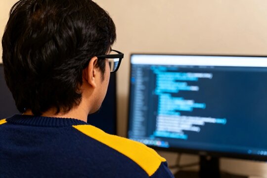Programmer Working at Computer with Code on Screen