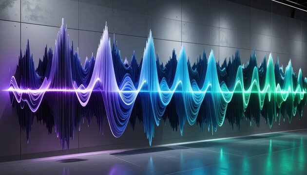 Abstract colorful 3D audio wave visualization on dark floor.