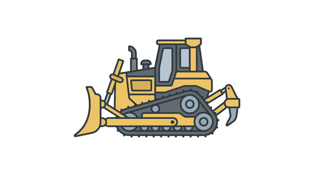 Bulldozer vector illustration shows heavy earthmoving equipment isolated on white.