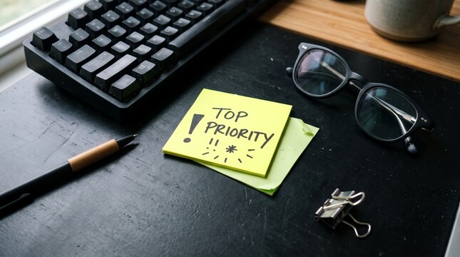 Top priority sticky note on desk with computer keyboard glasses pen and office supplies showcasing daily workspace organization planning tasks and professional productivity