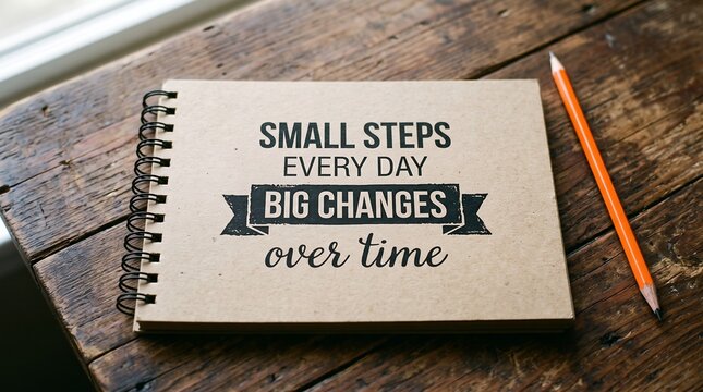 A brown spiral notebook with inspirational text small steps every day big changes over time printed on the cover lies on a rustic wooden table next to an orange pencil inspirational quote