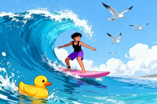 Surfer Riding Wave with Rubber Duck and Seagulls