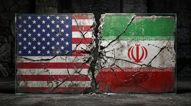 Broken glass display featuring national flags representing geopolitical conflict between two different powerful sovereign nations with flags printed
