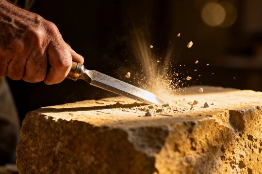artisan hand carving stone with chisel tool