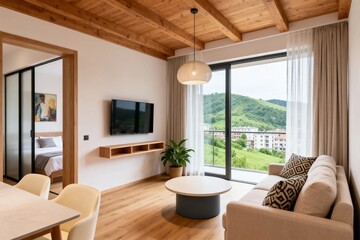 Fototapeta premium Modern Living Room Interior with Mountain View