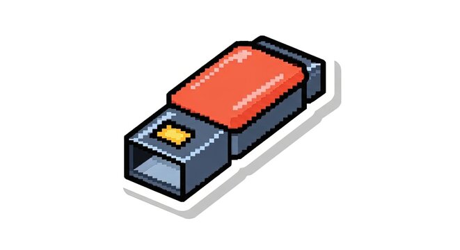 Pixel Art USB Flash Drive on White Background, Retro Technology Icon
