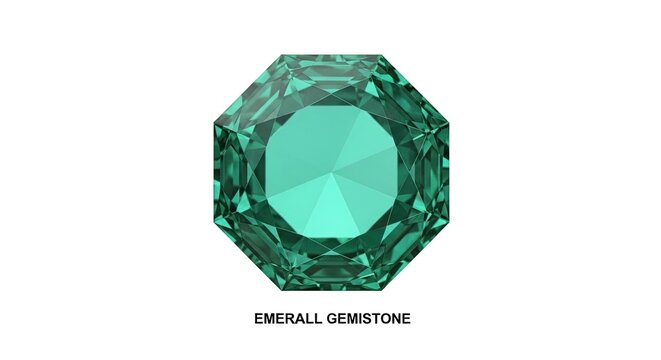 Radiant Emerald Gemstone Cut Octagon Shape Isolated on White Background, Faceted Gemstone for Jewelry Design