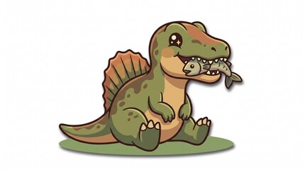 Fototapeta premium Cute cartoon spinosaurus dinosaur character holding a fish in its mouth isolated on white background