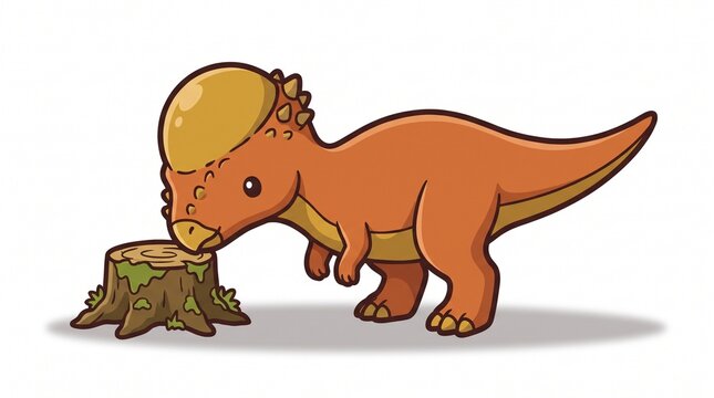Cute cartoon pachycephalosaurus dinosaur character headbutting a mossy tree stump in a friendly wildlife scene