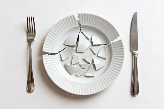 Broken white plate with fork and knife on white background