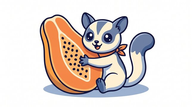Cute sugar glider character hugging a fresh papaya fruit in a flat cartoon style