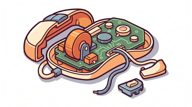 Disassembled computer mouse with exposed circuit board and components in flat vector style