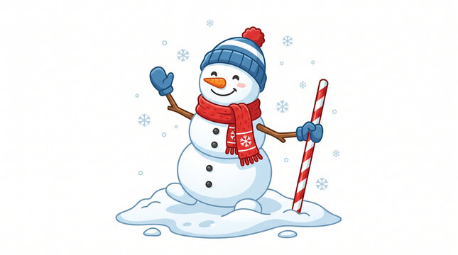Cute snowman waving hand and holding candy cane stick in winter snow vector illustration