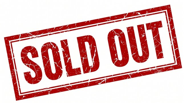 ​A rectangular red grunge rubber stamp featuring the bold text "SOLD OUT" in white, set at an angle against a clean white background. 