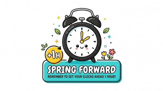 A cute cartoon illustration of a smiling alarm clock with the text "SPRING FORWARD", reminding people to set their clocks ahead by 1 hour for Daylight Saving Time.