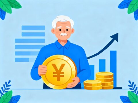 Retirement Savings Illustration with Elderly Man and Yen Coins