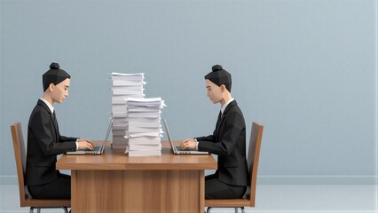 Fototapeta premium Two professionals work at desks with laptops and towering paper stacks between them.