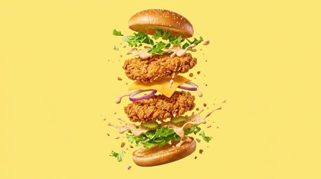 Mouthwatering double crispy fried chicken burger exploding with flying ingredients, melted cheddar cheese, fresh lettuce, pickles, red onion, and creamy sauce splash on yellow background.