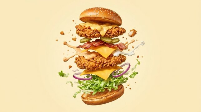 Delicious exploding crispy chicken burger with floating ingredients including sesame bun, melted cheese, bacon, pickles, red onion, lettuce, and sauce splashes isolated on clean studio background
