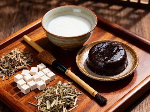 Chinese Herbal Jelly with Soy Milk, Dried Herbs and Sugar Cubes