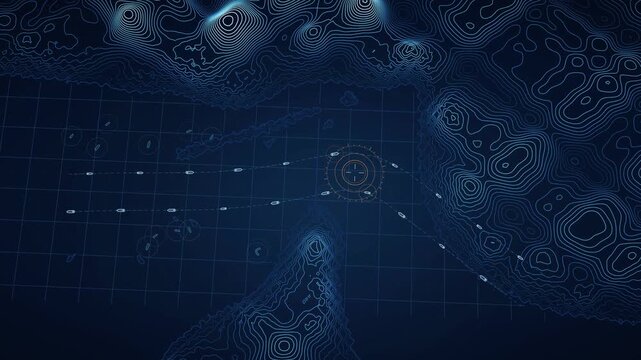 Hormuz Two-Way Lanes Navigation Map Visualization, Maritime Traffic Flow, Contour Lines, Oceanic Route Analysis, Geospatial Data, Seamless Loop Animation, Abstract Navigation Design