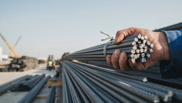 Worker holding bundle of steel rebar rods at construction site