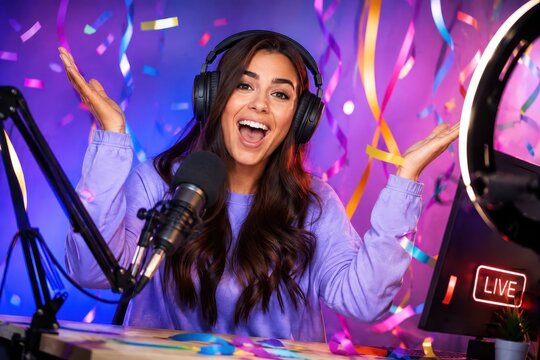 A joyful streamer with headphones and a microphone, celebrating with confetti and streamers, with a LIVE sign illuminated
